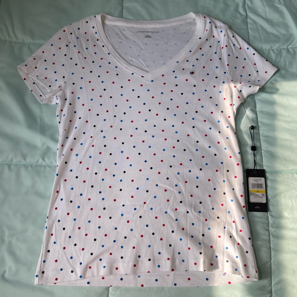 Tommy Hilfiger White Polka Dot(red, blue, and black) V-neck shirt